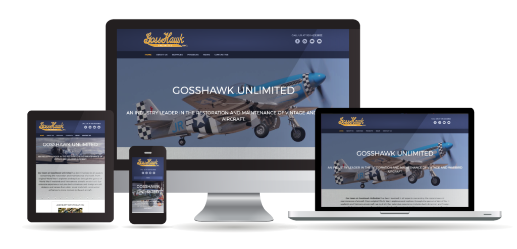 Different devices displaying the Gosshawk Unlimited website to show responsible design.