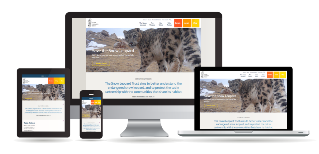 Different devices displaying the Snow Leopard Trust website to show responsible design.