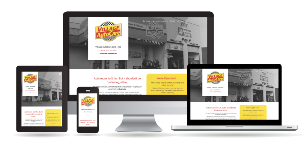 Different devices displaying the Village AutoCare website to show responsible design.